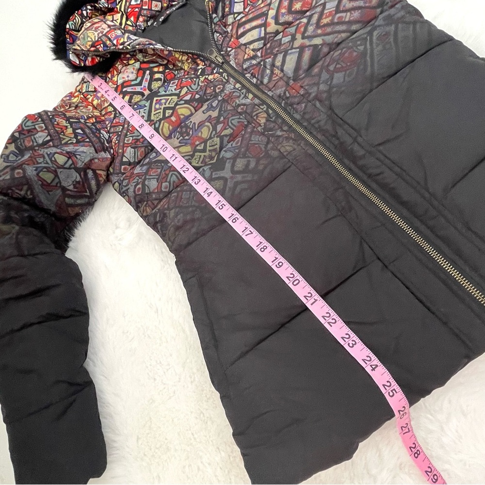 🤑 SALE Desigual Ombré Black Multi Fur trim Stained Glass Puffer Coat - Picture 7 of 14